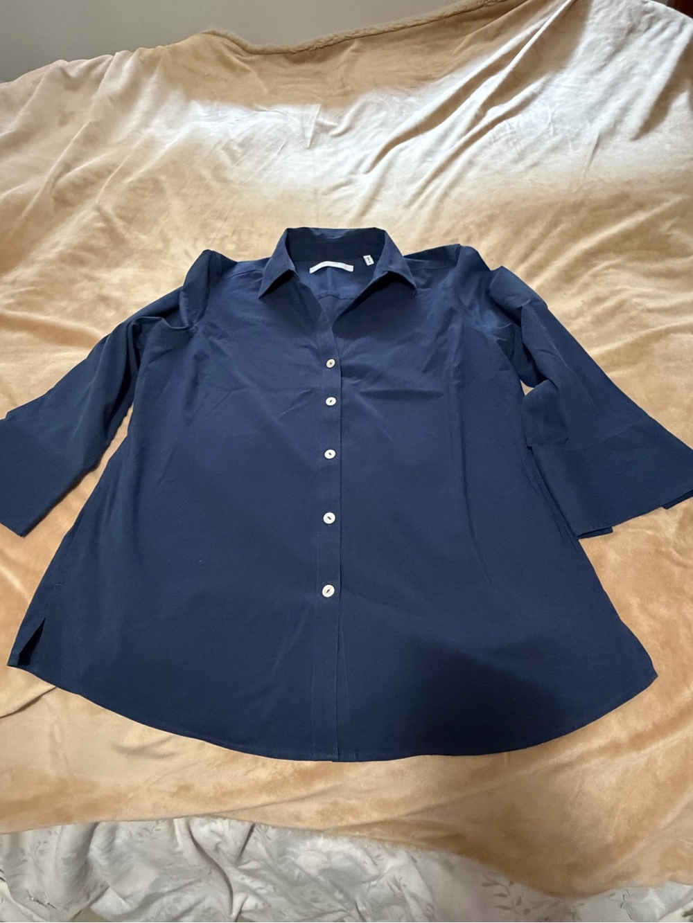 Foxcroft Mary Women's Navy Button-Front Shirt Classic Collared Top Non Iron Lge - Picture 4 of 8